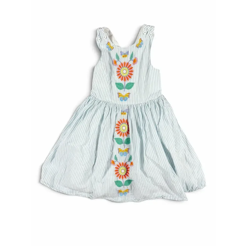 Mini Boden Embroidered Cross-Back Dress Blue Stripe Butterfly Floral 6-7 Years